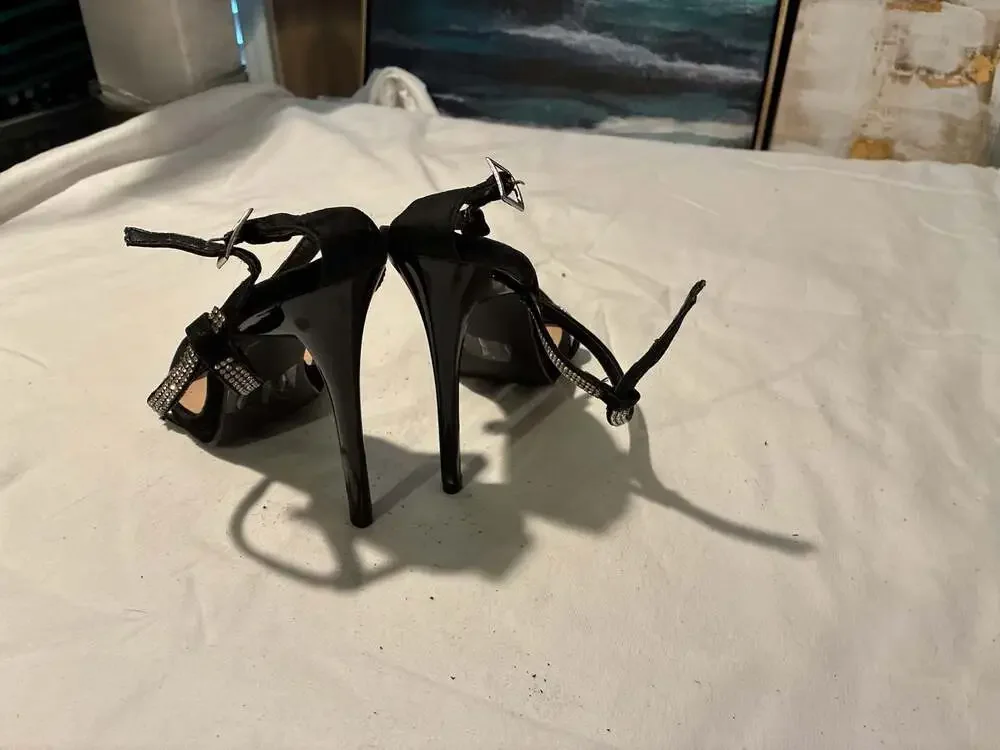 Cupid Women's Black Rhinestone Embellished Ankle Strap Stiletto Sandals